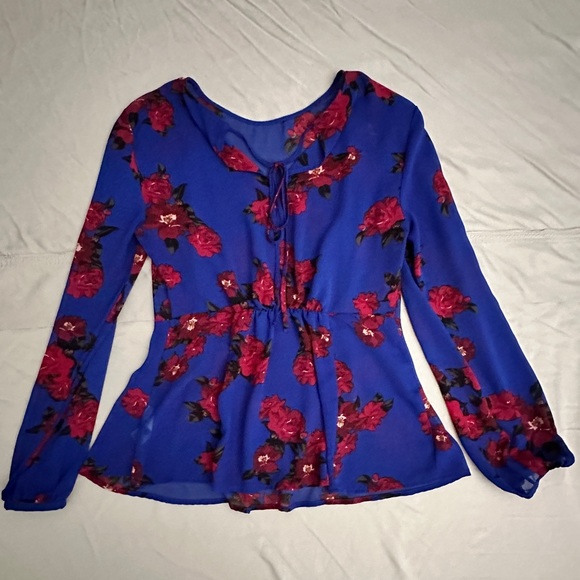 Sheer Peplum Blue Floral Blouse Tie-Back Elastic Waist Size Small - Picture 2 of 7